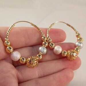 18K Yellow Gold Filled Bohemian 3 Color Bead Circle Hoop Dangle Earrings 37mm